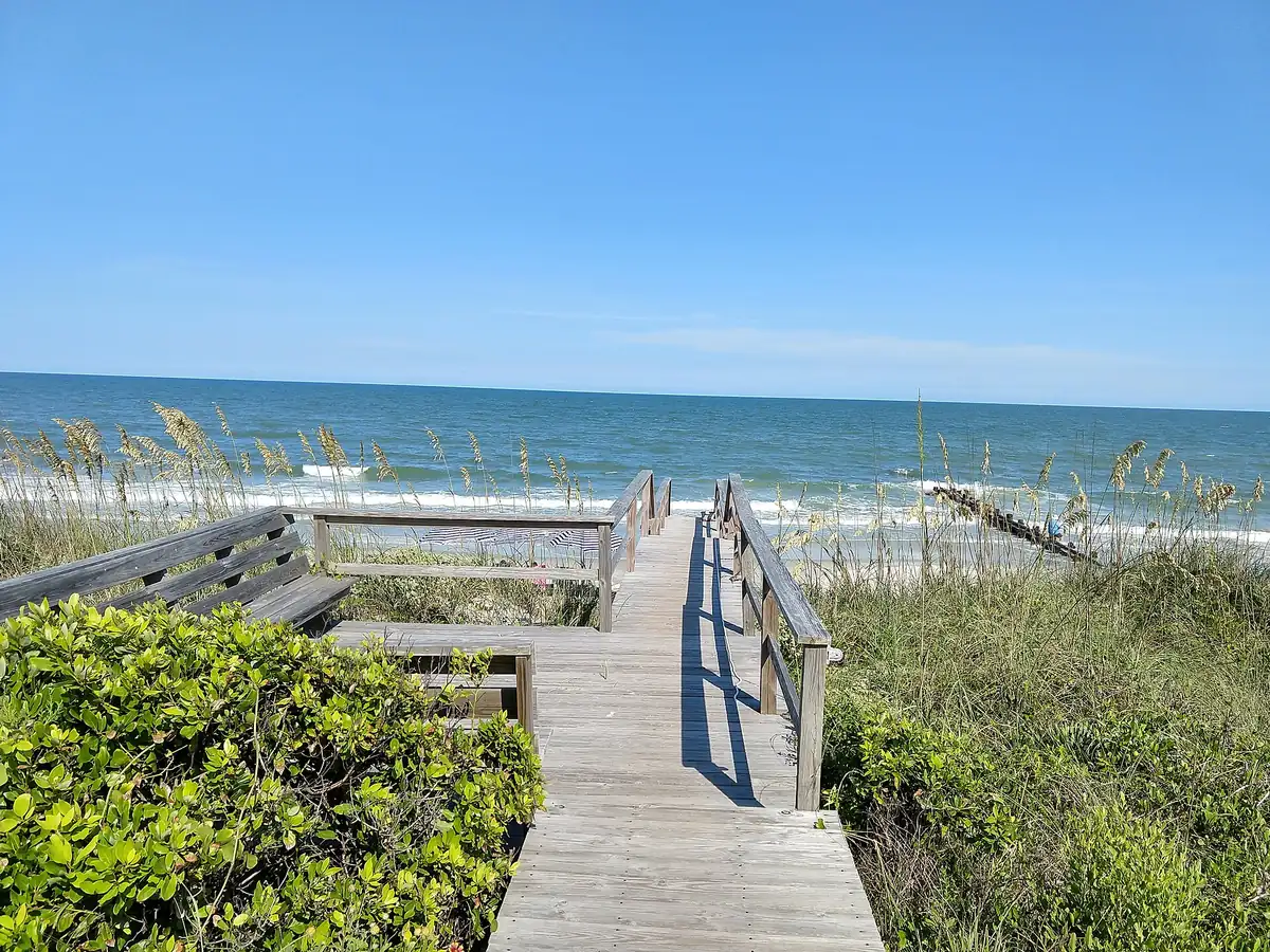 A wooden walkway over green dunes leading to the ocean on Pawleys Island