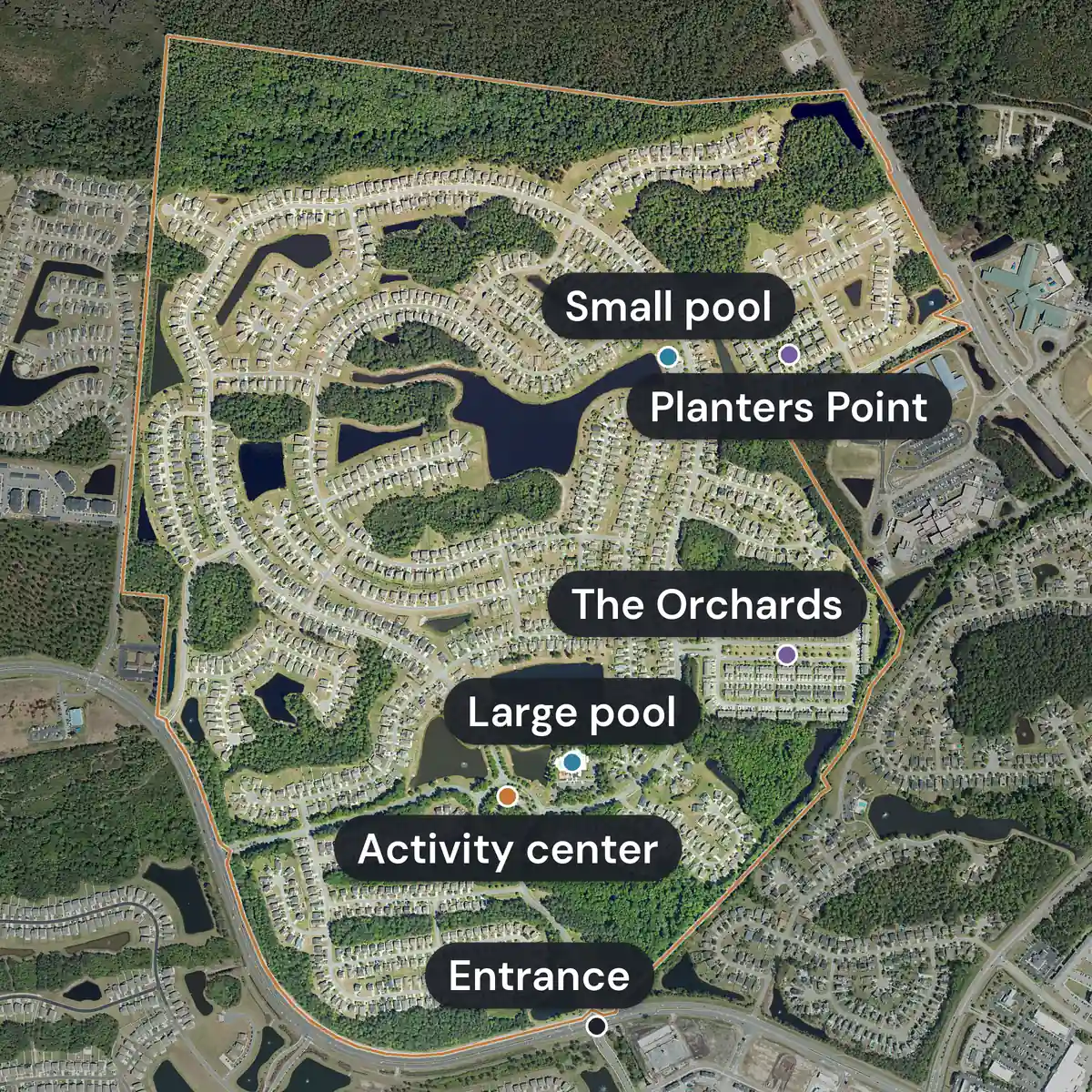 The Farm at Carolina Forest from above, its edge drawn in orange: curving streets of houses around ponds and woods, labelled with the entrance, the activity center, the large pool, The Orchards, the small pool and Planters Point