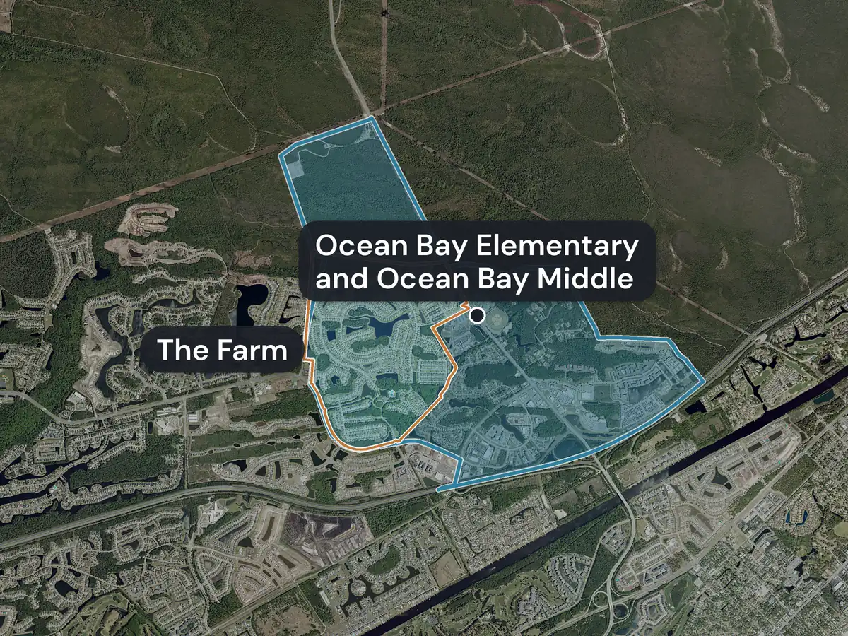 The east side of Carolina Forest from above, with a blue school zone, The Farm outlined in orange inside it, and one dot labelled Ocean Bay Elementary and Ocean Bay Middle