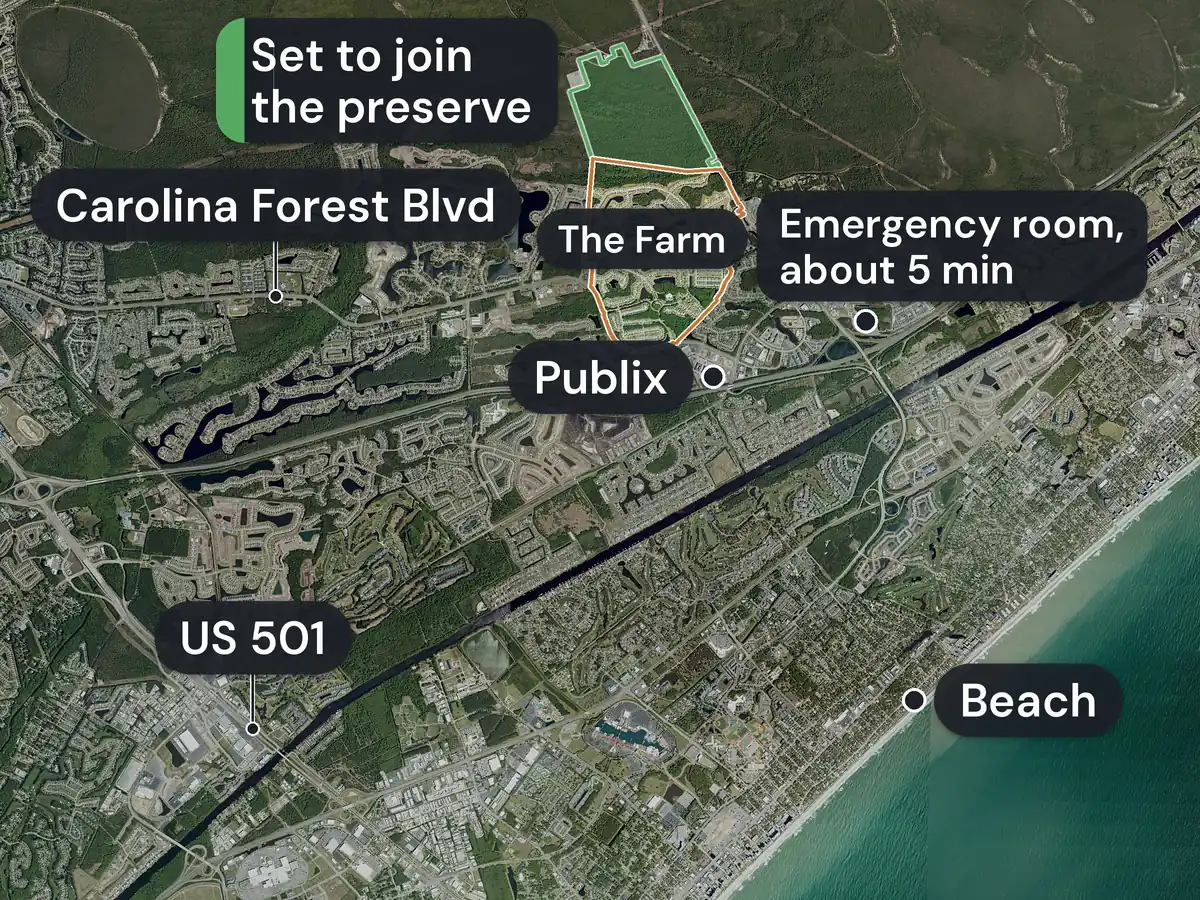 Carolina Forest and Myrtle Beach from above: The Farm outlined in orange, the land set to join the preserve shaded green on its north edge, and labels for Publix, the emergency room 5 minutes away and the beach
